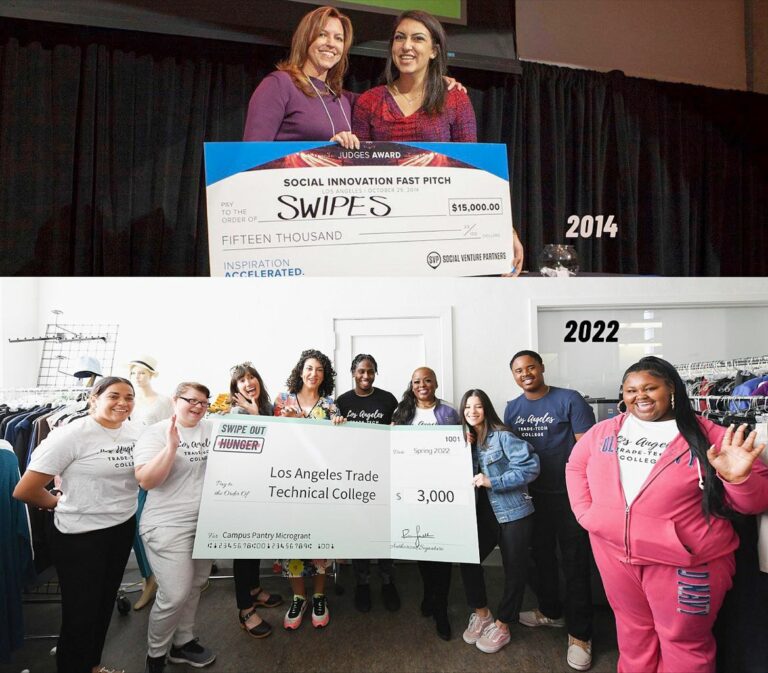 Rachel receiving a large check in 2014 (top)
Rachel giving a grant check to LA Trade Tech in 2022 (bottom)